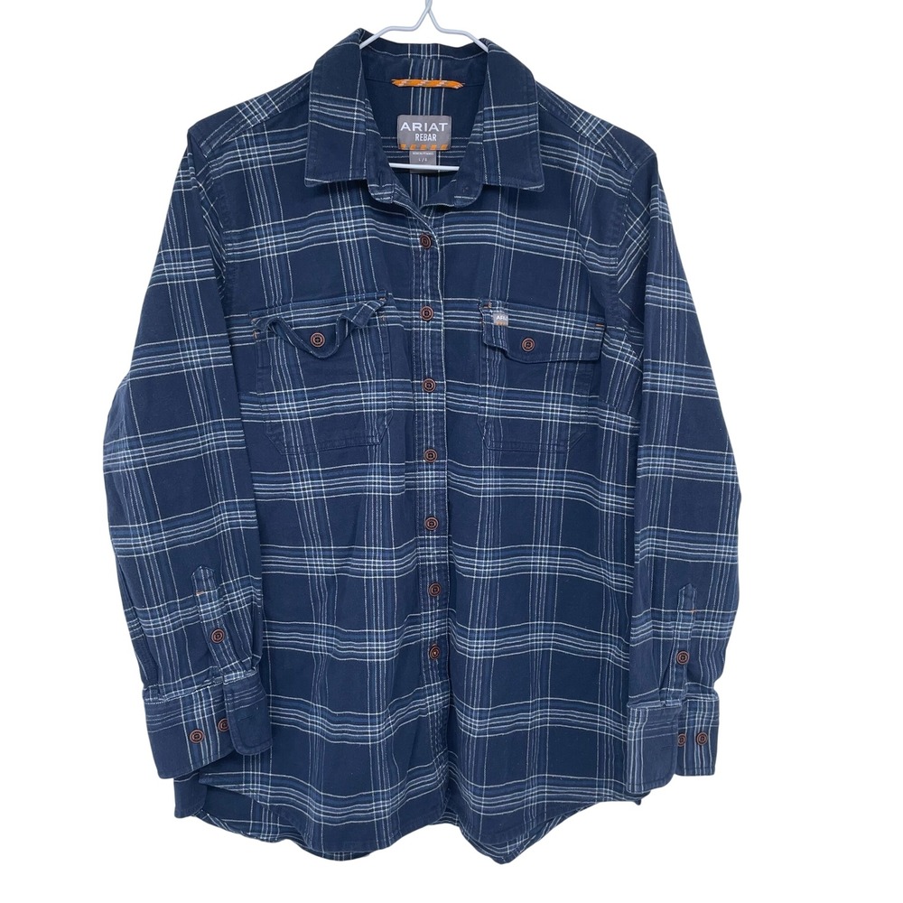 Womens Ariat Rebar Flannel Shirt Large Blue & White Big Plaid Casual Button Up